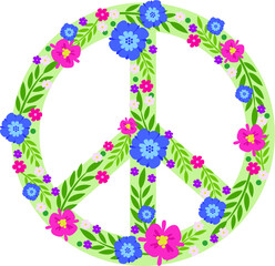 The pacific sign is green. Vector on white background. Decorated with flowers and climbing plants.