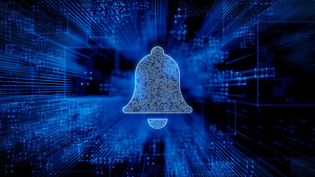 Alert Technology Concept with bell symbol against a Futuristic, Blue Digital Grid background. Network Tech Wallpaper. 3D Render 