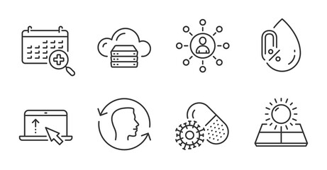 Networking, Swipe up and Coronavirus pills icons set. Face id, No alcohol and Medical calendar signs. Vector