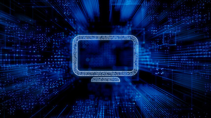 Display Technology Concept with Monitor symbol against a Futuristic, Blue Digital Grid background. Network Tech Wallpaper. 3D Render 