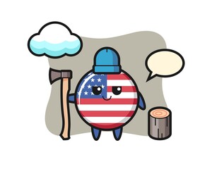 Character cartoon of united states flag badge as a woodcutter