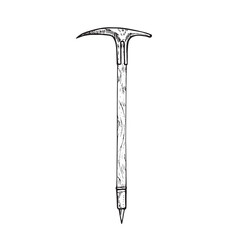 Pickaxe with wooden handle, gravure style hand drawn vector outline illustration