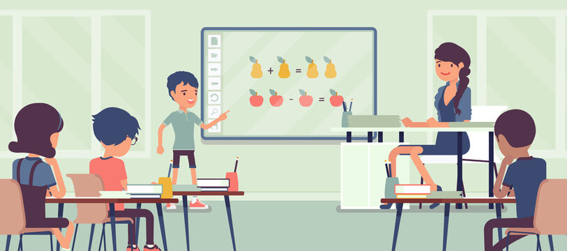 Interactive whiteboard, smart board learning and presentation for school. Boy standing at touchscreen in front of classroom, doing math adding and subtracting. Vector creative stylized illustration