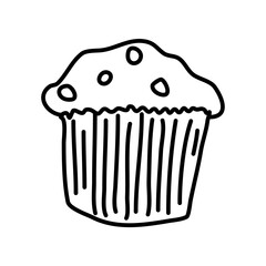 One hand-drawn cupcake. Doodle vector illustration. Isolated on a white background, black and white graphics