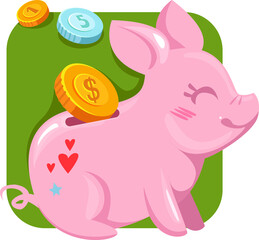 Piggy bank. Colored with coins on a green background. Vector illustration. The symbol of accumulation.