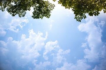 Fototapeta premium Blue sky white clouds floating in the sky and The light from the sun shines through the beautiful clouds in summer. for background concept.
