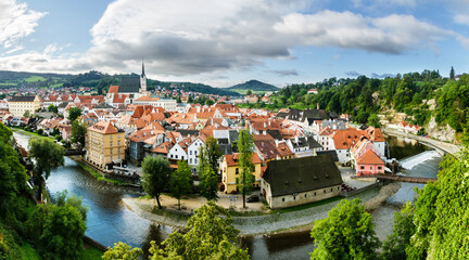 Fototapeta na wymiar Panorama of Vltava river bend and Cesky Krumlov old town with St. Vitus church, Czech Republic
