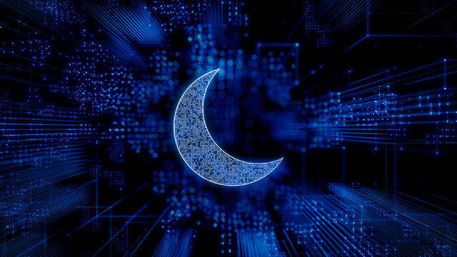 Night mode Technology Concept with moon symbol against a Futuristic, Blue Digital Grid background. Network Tech Wallpaper. 3D Render 