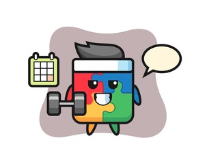 puzzle mascot cartoon doing fitness with dumbbell