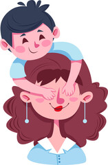 Mother and son. The game guess who. He covers his eyes with his hands. Child and parent. Vector illustration on white background.