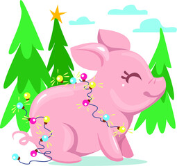 Piglet in a red hat against a winter forest. Decorated with snowflakes and a garland. Firs and pines. Symbol of the year 2019. Cartoon children's style. Vector on white background.