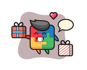 puzzle mascot cartoon giving the gift