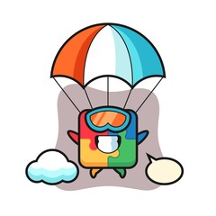 puzzle mascot cartoon is skydiving with happy gesture
