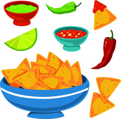 Nachos and sauces of salsa and lime. Mexican national food. Vector on white background. Street food.