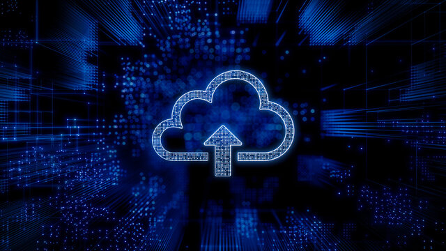 Data storage Technology Concept with cloud upload symbol against a Futuristic, Blue Digital Grid background. Network Tech Wallpaper. 3D Render 