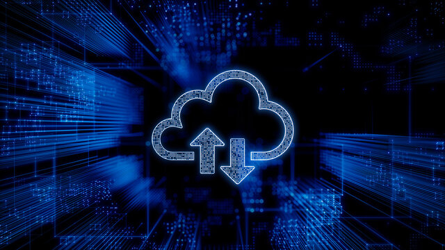 Data storage Technology Concept with cloud symbol against a Futuristic, Blue Digital Grid background. Network Tech Wallpaper. 3D Render 