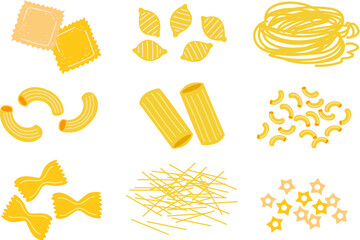  pasta. The inscription on the top. Vector illustration on white background. In the cartoonish cheerful flat style.