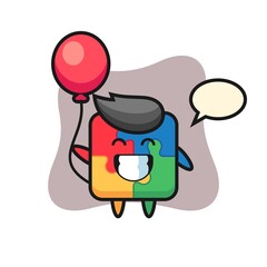 puzzle mascot illustration is playing balloon