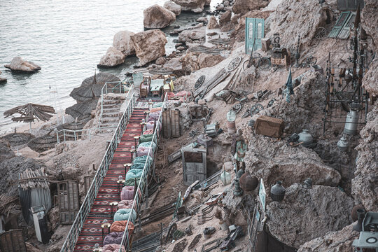 Top view of popular Farsha cafe on shore of Red Sea in Hadaba district, Sharm El Sheikh, Egypt.
