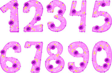 Pink numbers. Patchwork style. Vector illustration. Seth numbers from 0 to 9.