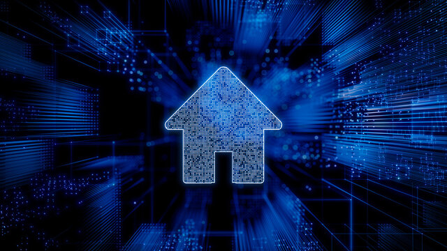 Internet Technology Concept with home symbol against a Futuristic, Blue Digital Grid background. Network Tech Wallpaper. 3D Render 