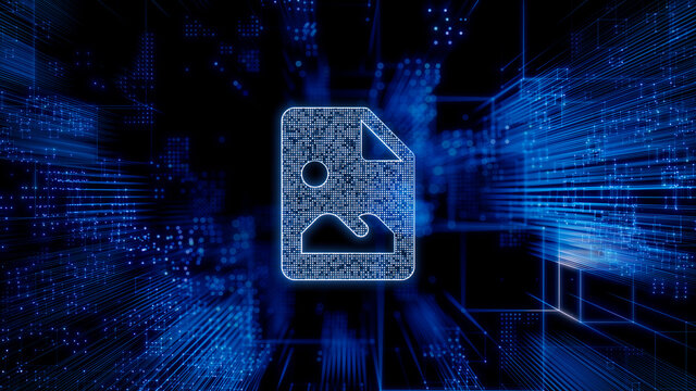 Image Technology Concept with picture symbol against a Futuristic, Blue Digital Grid background. Network Tech Wallpaper. 3D Render 