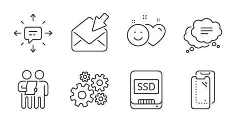 Open mail, Smartphone glass and Cogwheel icons set. Text message, Ssd and Smile signs. Survey, Sms symbols. Vector