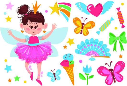 Princess stickers. Different elements associated with girly symbols. Fan, heart, butterfly, ice cream, flower, candy. Suitable for scrapbooking and decoration. Vector illustration on white background