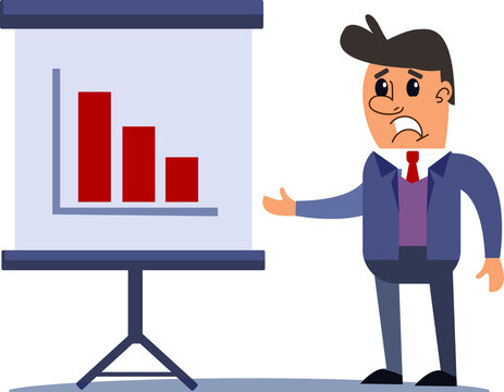 Businessman manager shows a presentation with a curve of growth and falling profits. Cartoon character sadness. Vector illustration. Clipart flat illustration.