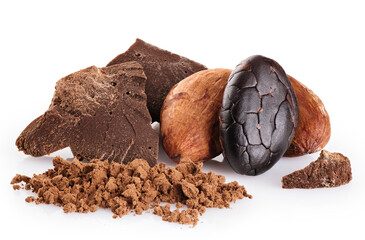 Cocoa beans, powder and chocolate isolated on white background.