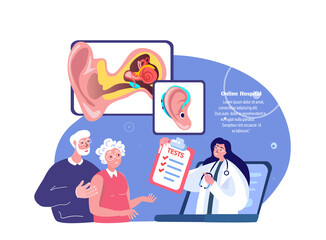Online Audiologist ENT-Doctor Consultate Old Pensioners Couple Man,Woman Patient.Deaf-Aid,Aerophone,Otitic Hearing Aid,Digital Treatment.ORL Clinic. Internet Medical Hospital Diagnostics. Illustration