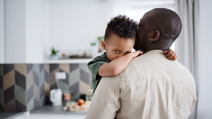 Rear view of father holding small son at home, multi ethnic family.
