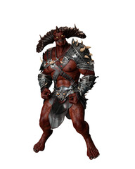 3d illustration of a red skinned demon with large horns.