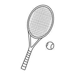 Tennis racket and ball. Outline icon or sketch. Sports equipment for tennis game. Vector illustration.