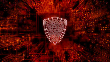 Security Technology Concept with shield symbol against a Futuristic, Orange Digital Grid background. Network Tech Wallpaper. 3D Render 