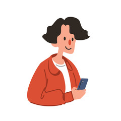 A man using their smartphone cute flat vector illustration. Portrait of a man using mobile phone for 
 communication, social media, mobile internet and any business.