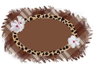 Oval horizontal frame with a leopard pattern and delicate white flowers on a torn checkered plaid background