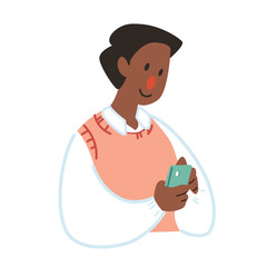 A man using their smartphone cute flat vector illustration. Portrait of a man using mobile phone for 
 communication, social media, mobile internet and any business.