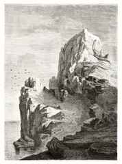 Fototapeta na wymiar Lindos castle, Rhodes island, on top of a high cliff overlooking on a other one fronting sea. Ancient grey tone etching style art by Maurand, Le Tour du Monde, 1862
