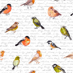 Repeating wallpaper - various birds. Watercolor natural seamless background with hand written text notes