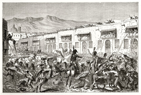 crazy crowd celebrating Mardi Gras partying outdoor in a wild and noisy way in Arequipa, Peru. Ancient grey tone etching style art by Riou, Le Tour du Monde, 1862