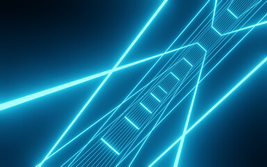 Abstract Background 3D rendering blue room with stripes of neon lights and reflections. Sci-FI Futuristic architecture background Chaotic Blue Neon Lights laser with rays and lines.