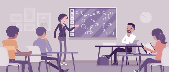 Interactive whiteboard, smart board learning and presentation for university. Girl standing at touchscreen in front of classroom, explaining lesson for students. Vector creative stylized illustration