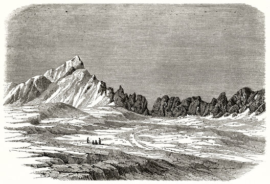 Milam glacier, India, on top of a mountain range and small people compared to huge flat ground. Ancient grey tone etching style art by De Bar, Le Tour du Monde, 1862