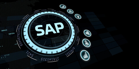 Obraz premium SAP System Software Automation concept on virtual screen data center. Business, modern technology, internet and networking concept