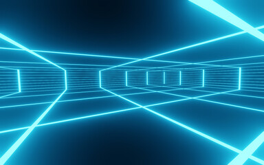 Abstract Background 3D rendering blue room with stripes of neon lights and reflections. Sci-FI Futuristic architecture background Chaotic Blue Neon Lights laser with rays and lines.