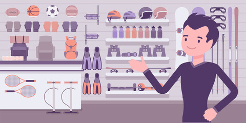 Small scale business-owner, privately owned sporting goods shop. Man, successful entrepreneur, individual start up project of sports gear, equipment, apparel. Vector creative stylized illustration