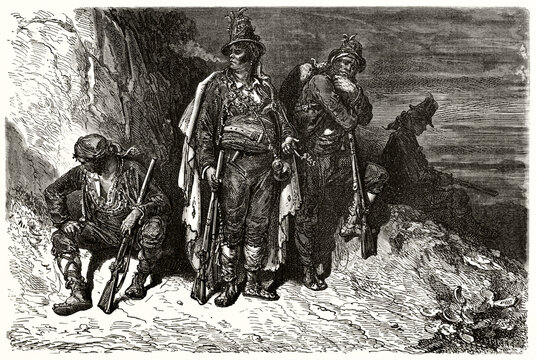Mossos d'Escuadra: police force of Catalonia, Spain, equipped with shotgun and posing on a darkish ambient. Ancient grey tone etching style art by Dore, Le Tour du Monde, 1862