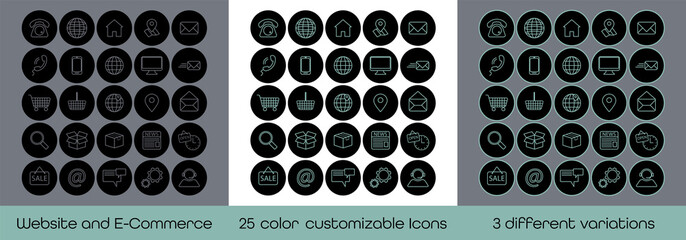 collection of 25 color customizable icon for websites and online shops in three different variations