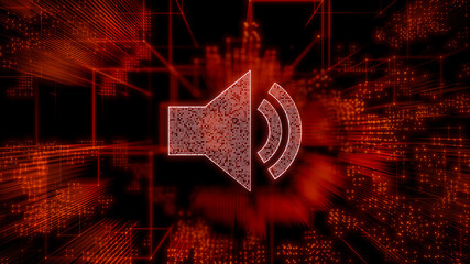 Sound Technology Concept with audio symbol against a Futuristic, Orange Digital Grid background. Network Tech Wallpaper. 3D Render 